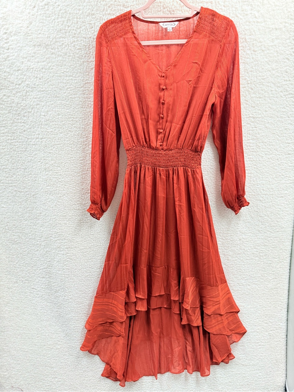 Nanette Lepore Burnt Orange High Low Boho Stripe Long sleeves midi dress Size 6